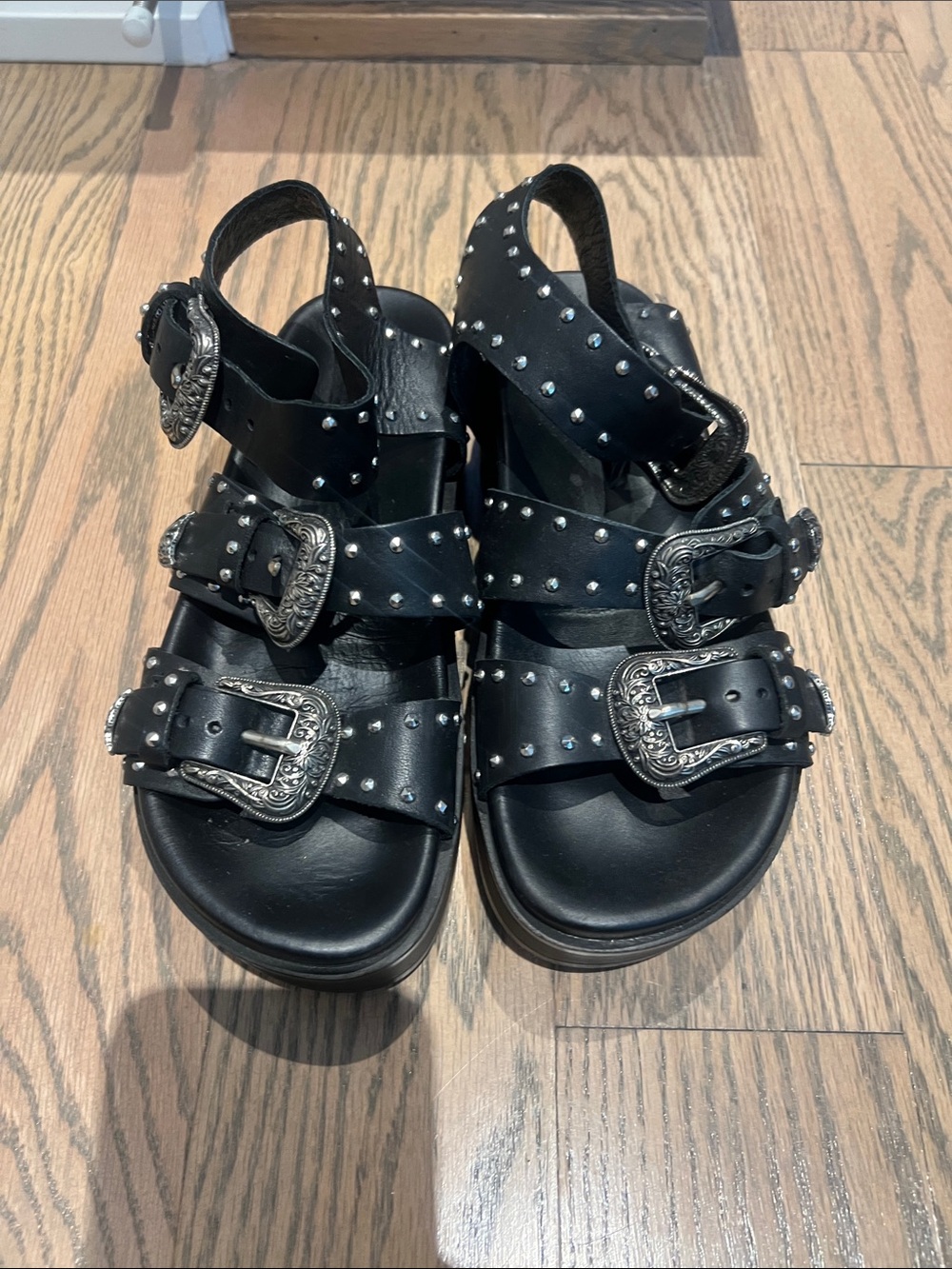 The Kooples Black Studded Buckle Platform Sandals